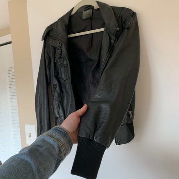 Black Leather Jacket with Ribbed Sleeves - Picture 3 of 5